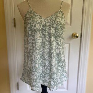 OLIVIA GREY celery sage pastel v-back tank with white flowers, lined, size S.